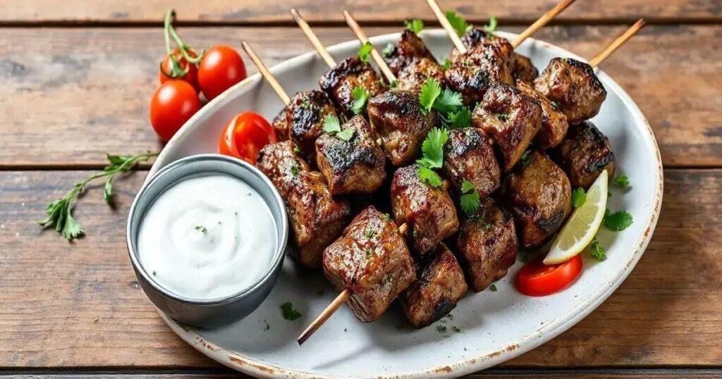 Grilled Lamb Skewers with Garlic Yogurt Sauce for Healthier Hormones