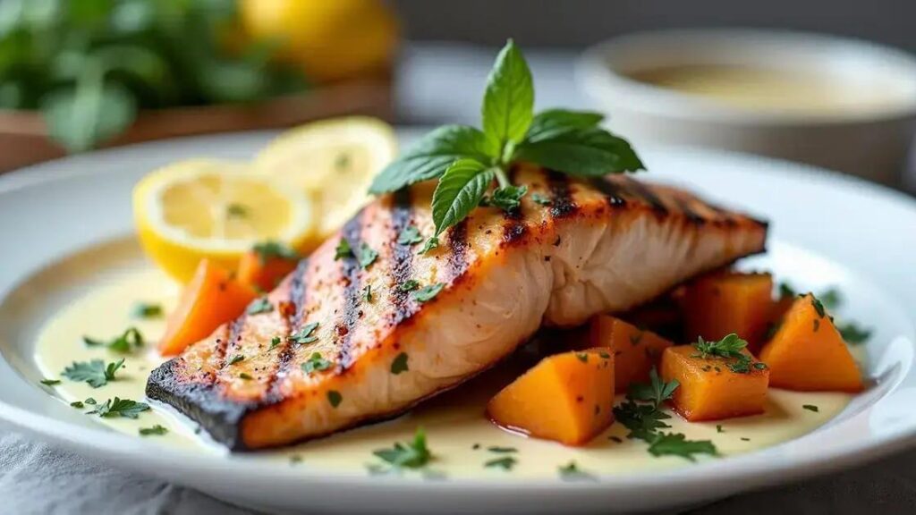 Grilled Salmon and Sweet Potato Recipes with Herb Sauce