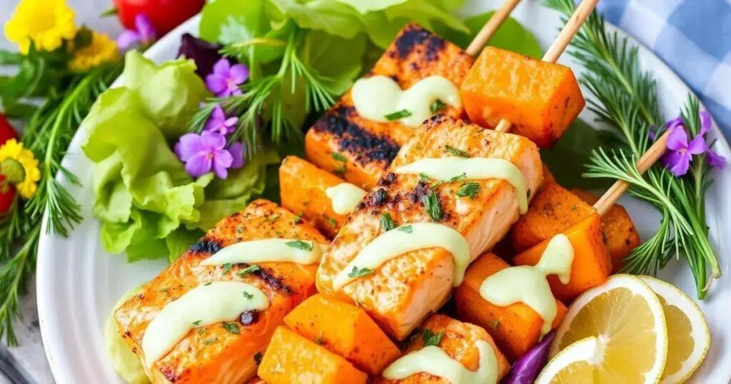Grilled Salmon and Sweet Potato Skewers Recipes with Dill Sauce