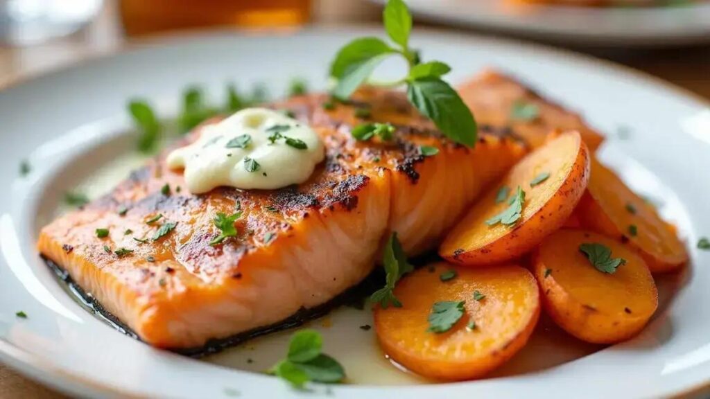Grilled Salmon and Sweet Potato Wedges Recipes with Herb Butter
