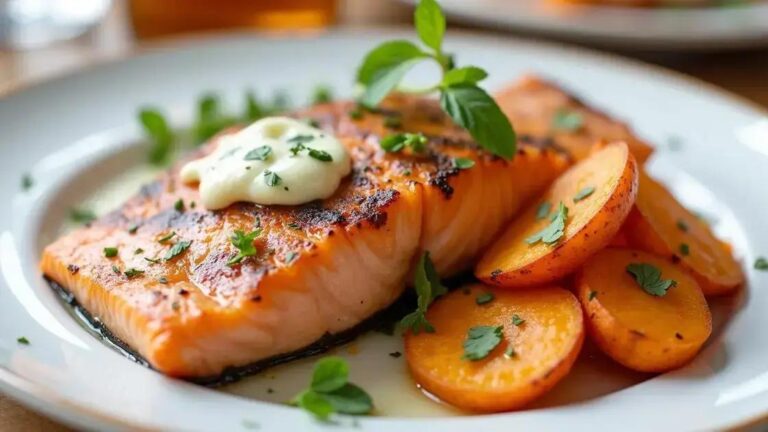Grilled Salmon and Sweet Potato Wedges Recipes with Herb Butter