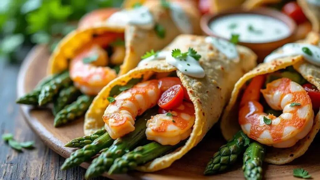 Grilled Shrimp and Asparagus Wrap Recipes with Garlic Yogurt Sauce