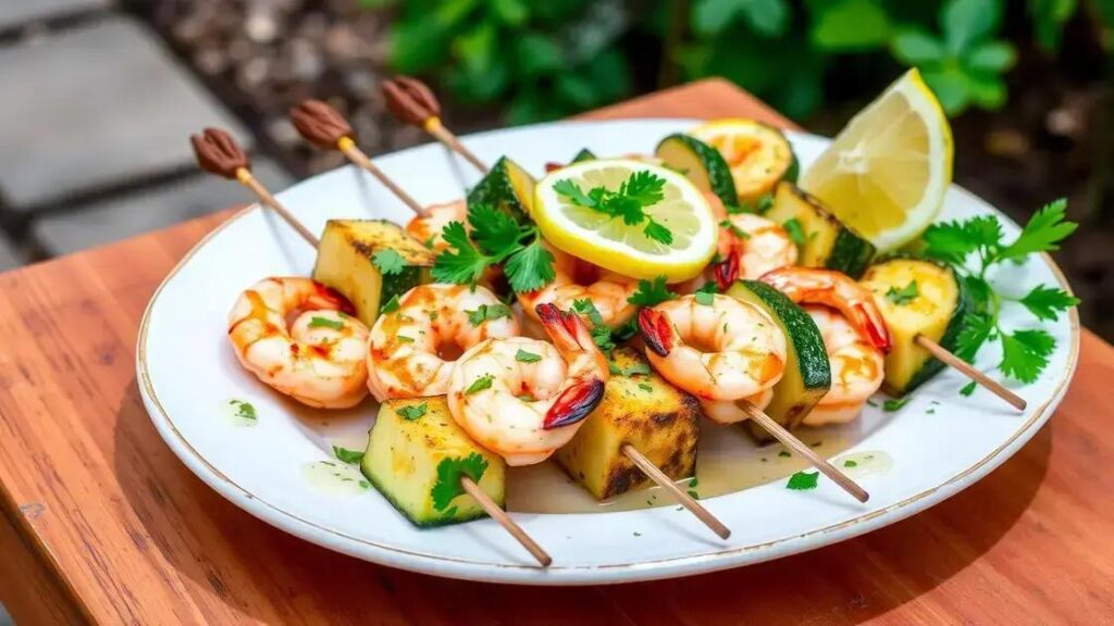 Grilled Shrimp and Zucchini Skewer Recipes with Lemon Garlic Sauce