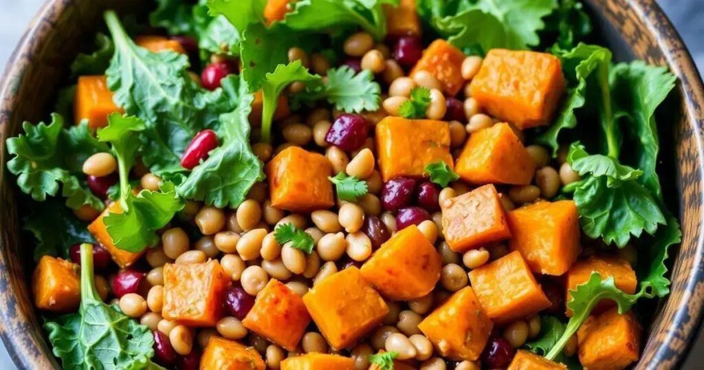 How to Prepare a Warm Lentil Salad with Sweet Potato and Kale