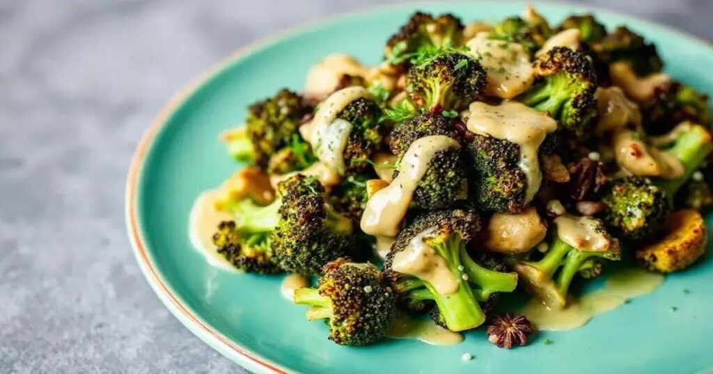 Roasted Broccoli and Garlic Salad Recipes with Tahini Dressing