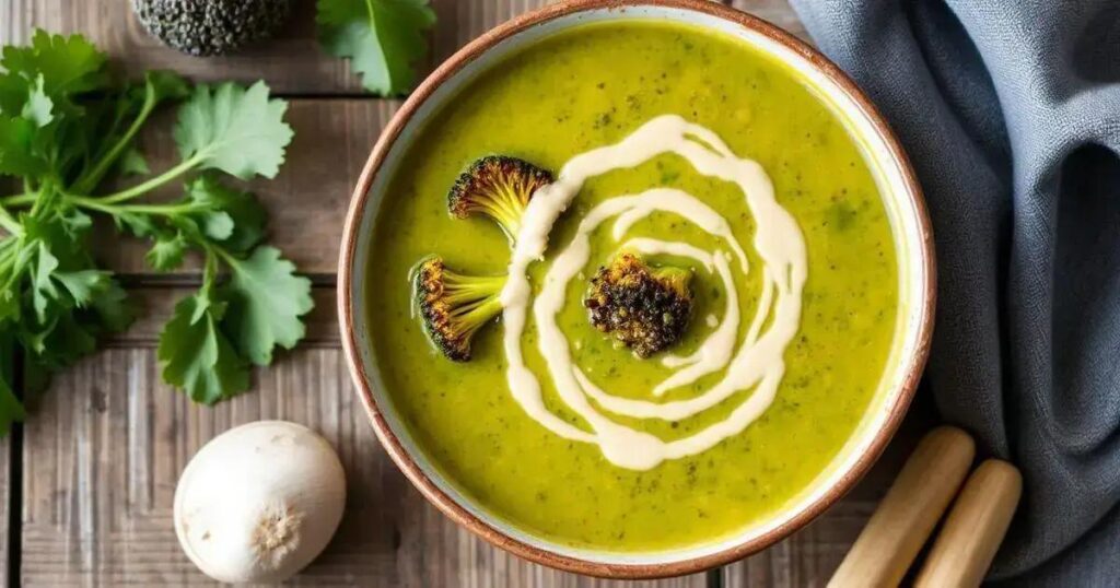 Roasted Broccoli and Garlic Soup Recipes with Tahini Drizzle