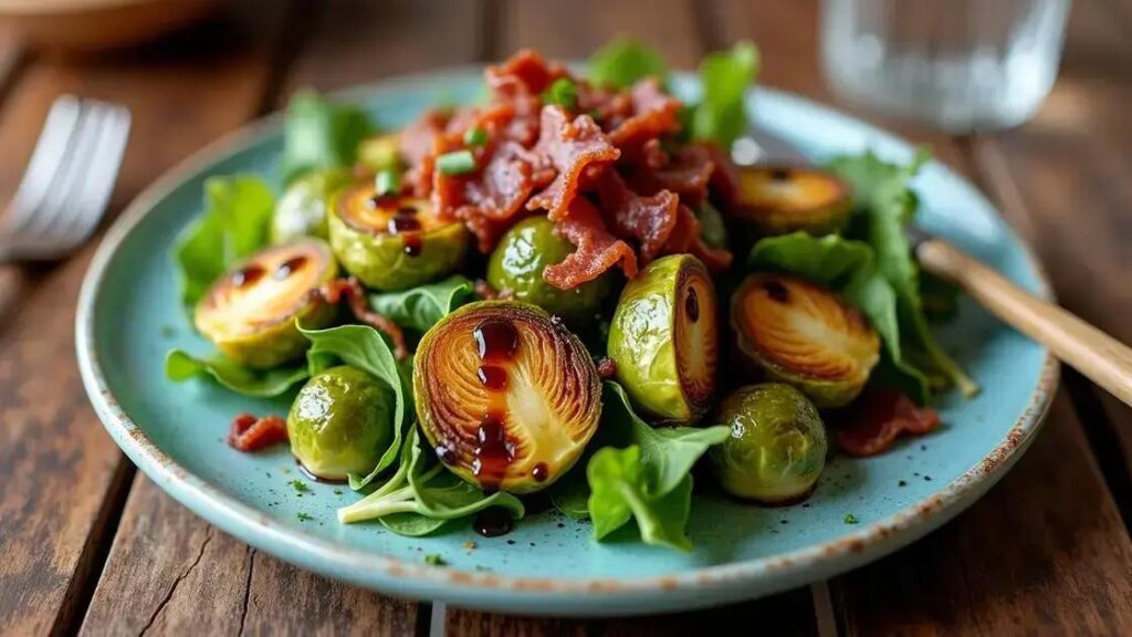 Roasted Brussels Sprouts and Bacon Salad Recipes with Balsamic Glaze