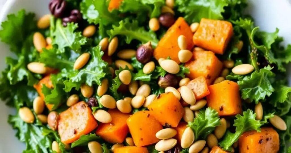 Roasted Sweet Potato and Kale Salad Recipes with Pumpkin Seeds