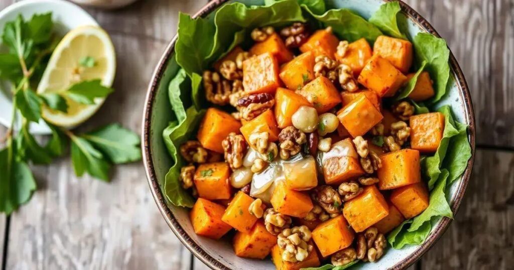 Roasted Sweet Potato and Walnut Salad Recipes with Lemon Dressing